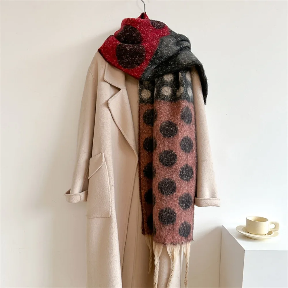 Vintage Imitation Cashmere Dot Tassel Neckerchief Thickened Long Dot Scarves Autumn Winter Shawl for Men and Women