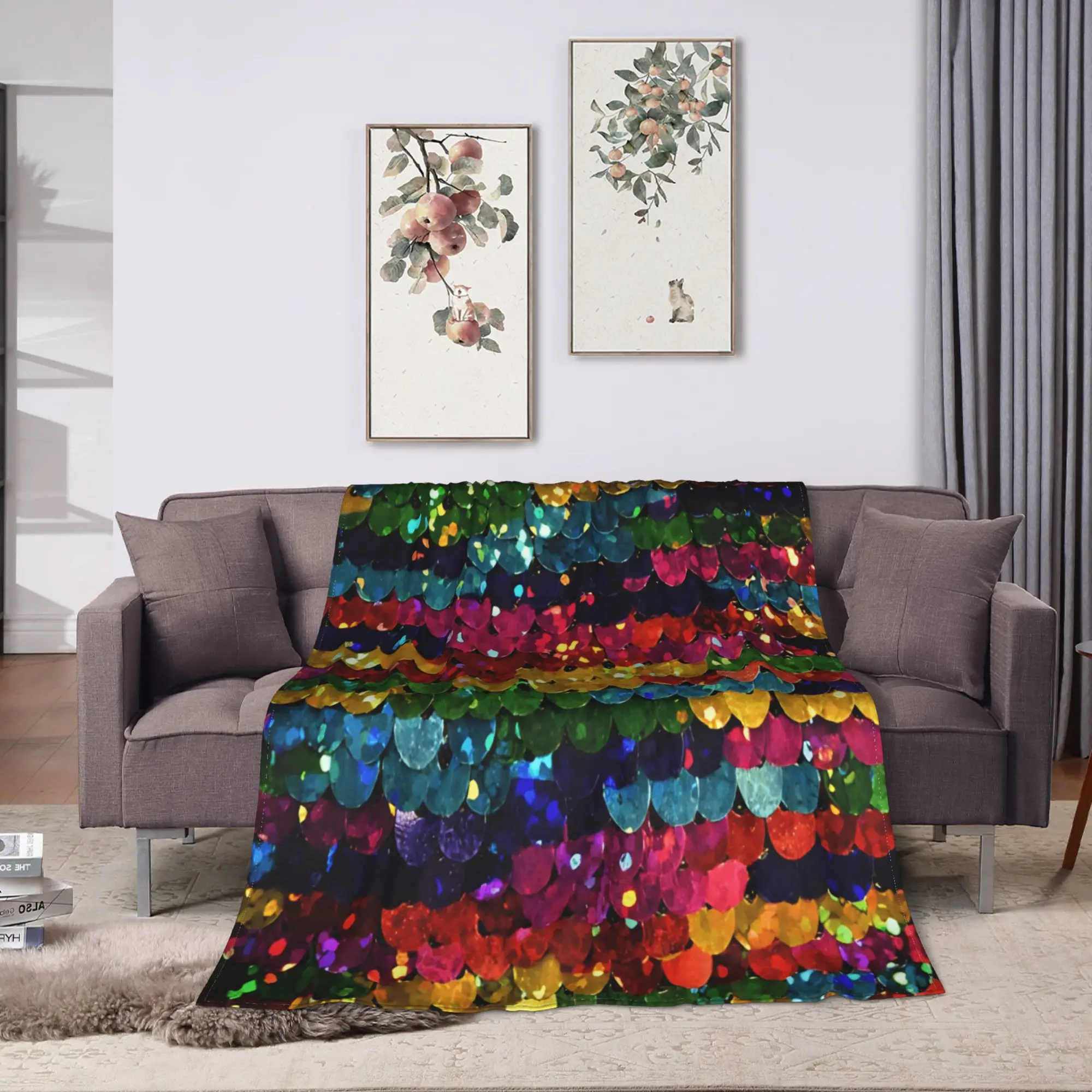 Photographic Image of Multi-colored Sequins Flannel Blankets Winter  Super Warm Throw Blanket Bedspread Sofa Bed Cover