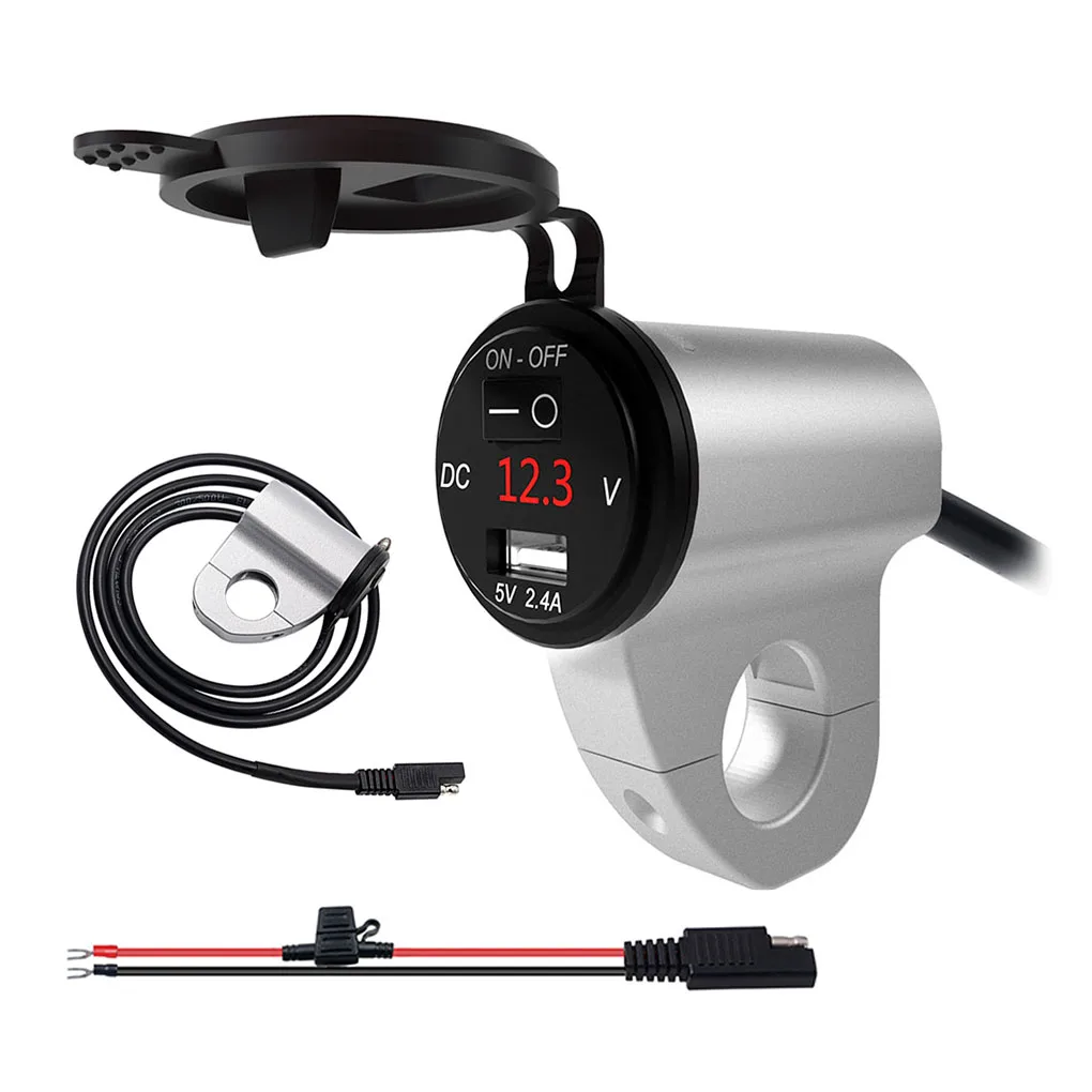Motorcycle USB Charger Digital Display Phone Charging Adapter Motorbike USB Power Supply with Switch, Black