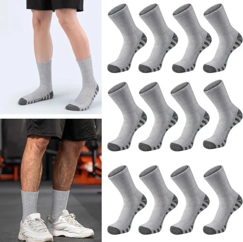 Black and white gray men's mid length socks, sports style, towel bottom, odor proof, sweat absorbing, breathable