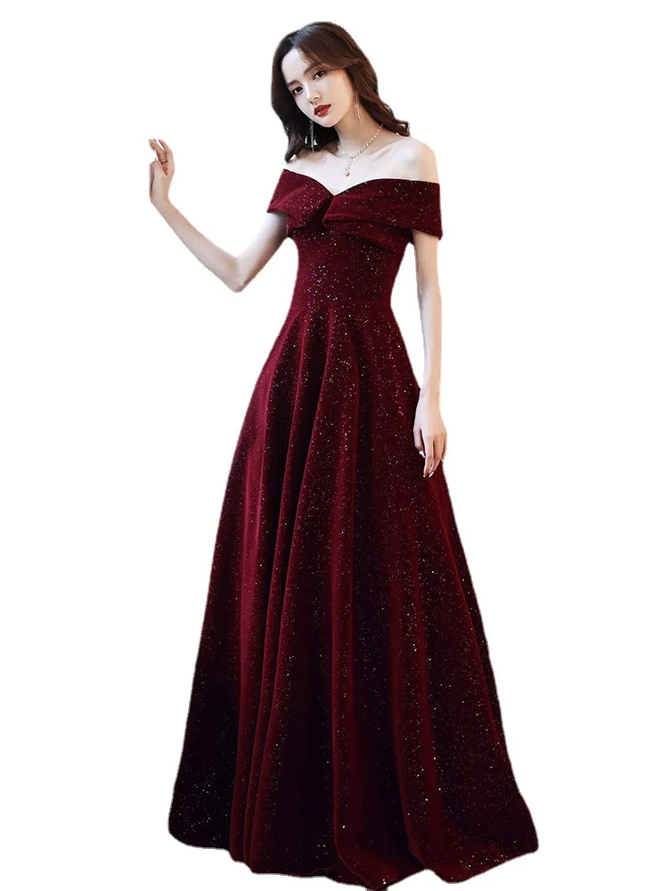 Burgundy Vintage Velvet Evening Dress Elegant Off-The-Shoulder Sequined A-line Formal Banquet Dresses Vestido De Noche