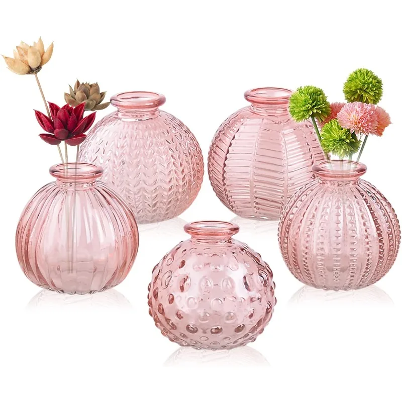 Single Glass Bud Vase Pink Glass Vases for Centerpieces Decor Glass Flower Vase Bottle with Crok Wire Iron Handle Design