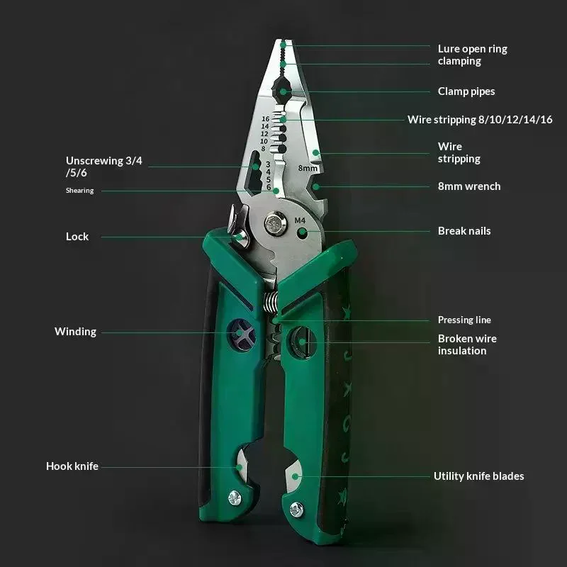 18 in 1 Multifunctional Electrician Pliers Wire Stripper Crimper Cable Cutter Compact Size for Small Space Electrical Repair Jo