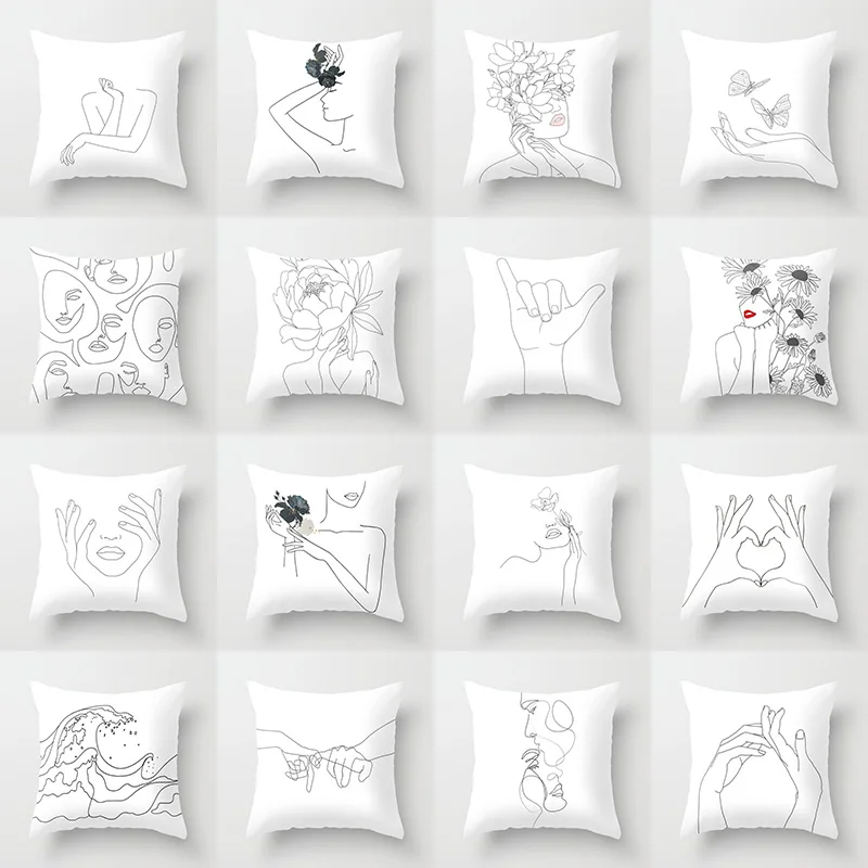 Abstract minimalist lines cushion cover different female pose sketch pillowcase bedroom sofa car decoration square