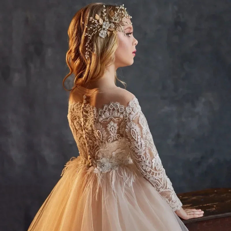 Champagne White Pattern Appliques Long Sleeve For Wedding Birthday Party Banquet Princess Gowns Customized Flower Girl Dresses