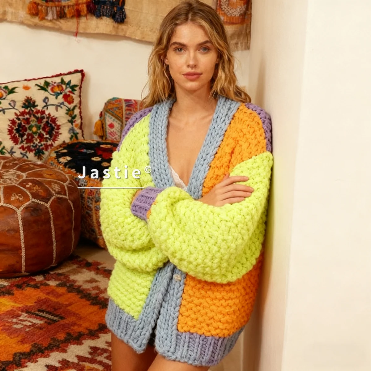 2026 Autumn/Winter New Color Block Women's Sweater Jacket Long Sleeve Loose Chunky Knit Handmade Sweater Cardigan Women Coats