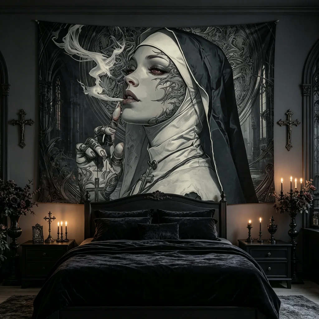 1PC Gothic Nun Dark Punk Horror Print Backdrop Banner, Halloween Gothic, Bedroom Photo Background, Polyester, Home Decor