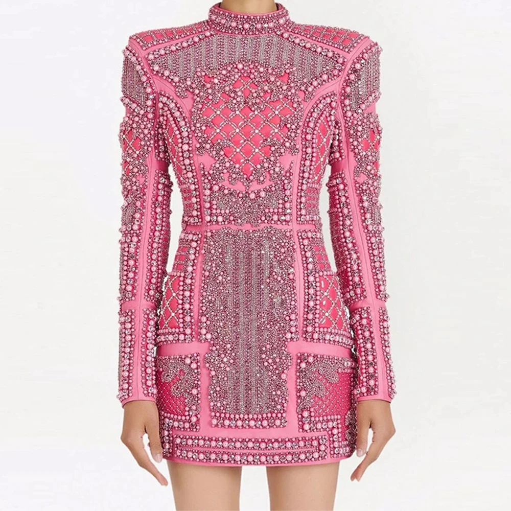 2025 autumn and winter new European and American fashion heavy diamond beaded sequined elastic tight dress small dress-GZXX1583