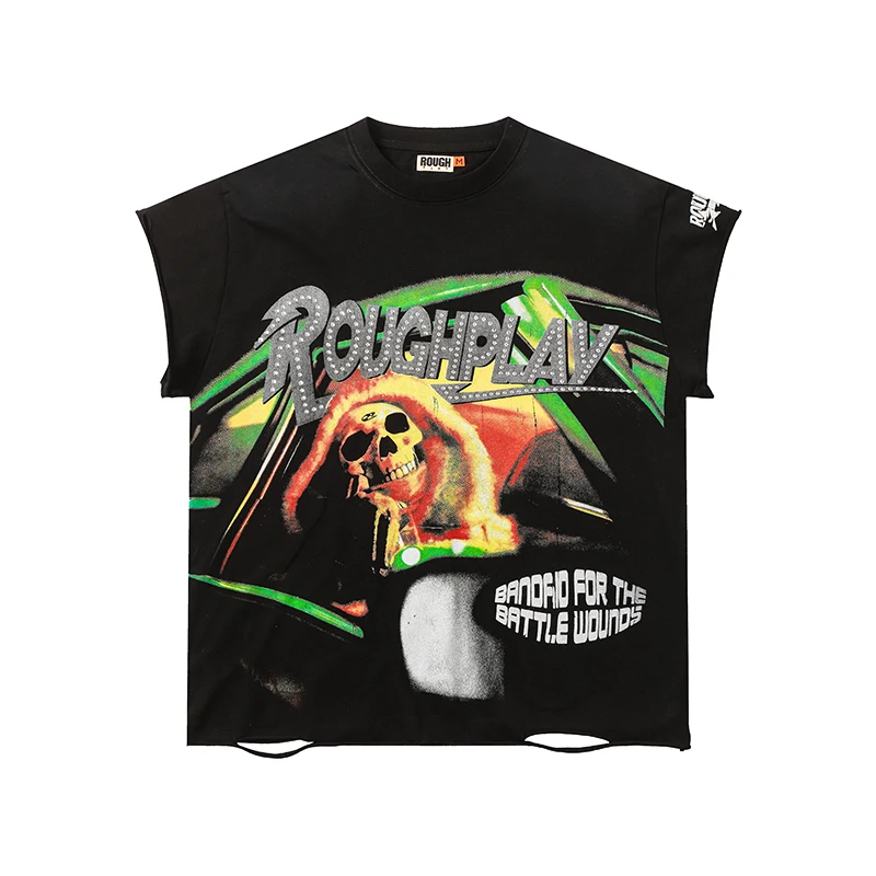 New Arrival Rough Play Men's T-shirt Motorcycle Skull Printed Cut Sleeve Sleeveless Shirt Hot Stamped Black Street Top