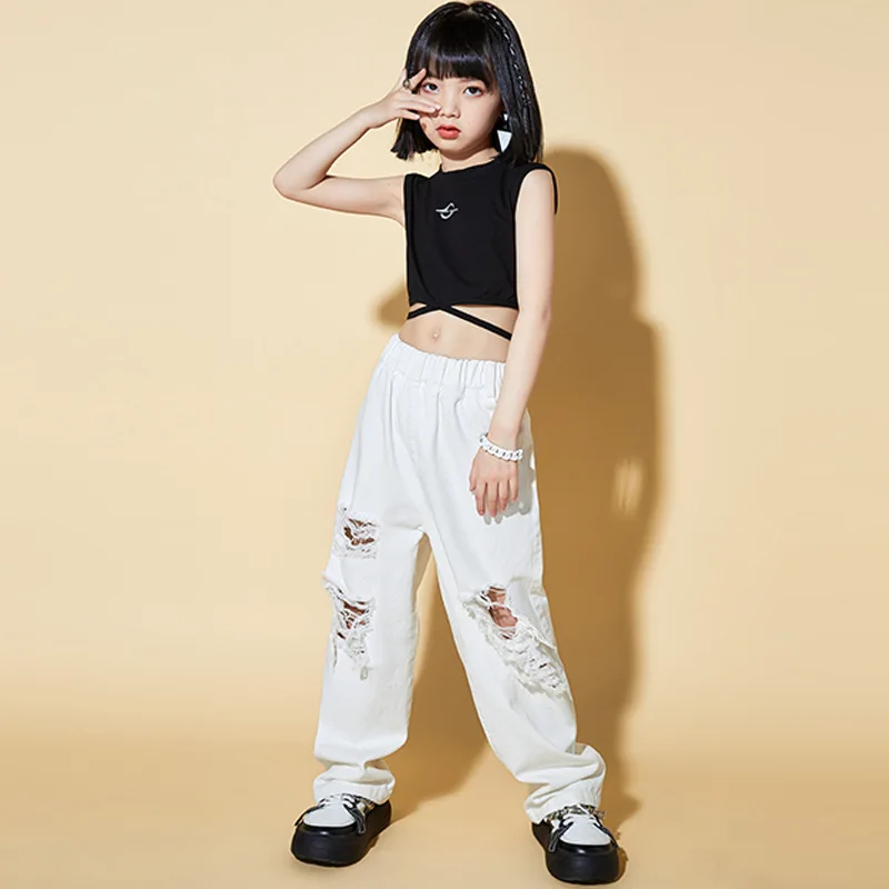 Kid Kpop Hip Hop Clothing Black Lace up Crop Tank Top White Casual Street Wide Ripped Pants for Girl Jazz Dance Costume Clothes