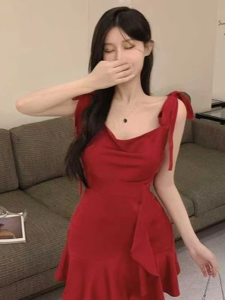 Retro Hepburn Sle Red Strapl Dr Women's Autumn Slimming ort Skirt Border Design Korean Version Commute Polyester Fa...