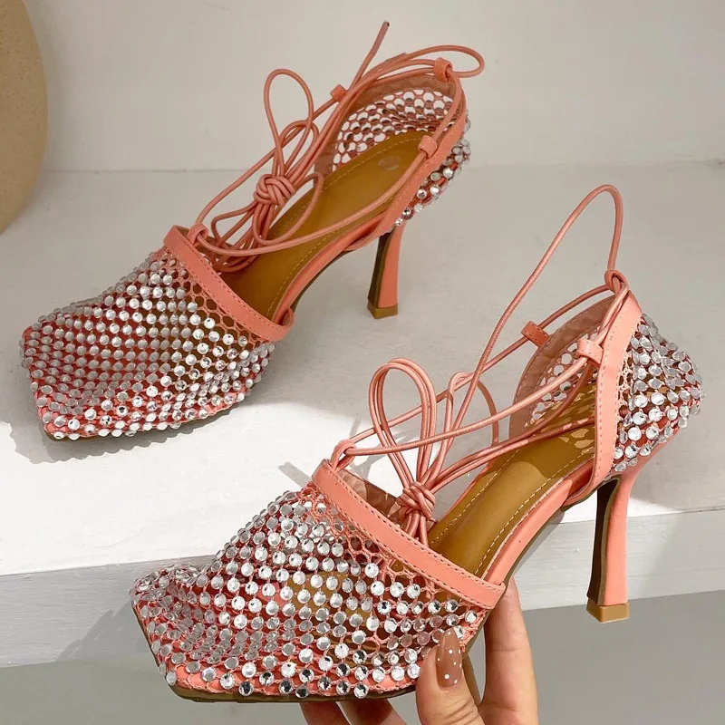 Crystal Mesh Women Pumps Sexy Rhinestone High Heel Sandals  Ankle Strap Square Roman Sandals Designer Party Dress Luxury Sandals