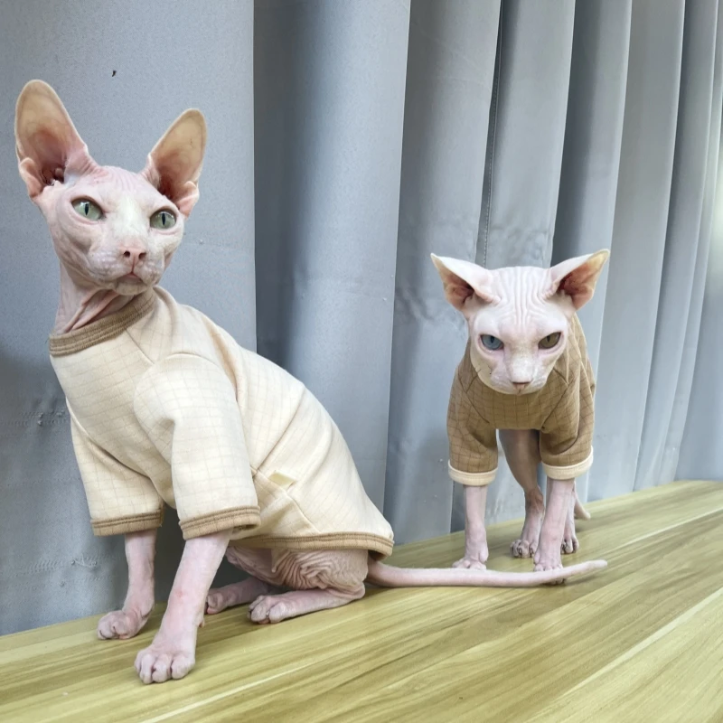 Khaki Plaid Cotton Coat for Sphynx Cat Soft Undershirt for Hairless Cat in Winter Long-sleeves Warm Coat for Kittens Devon Rex