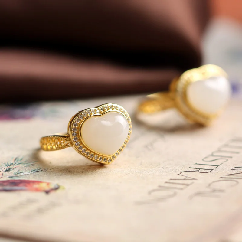

S925 Sterling Silver Gold-Plated Hetian White Jade Heart Adjustable Women'S Ring