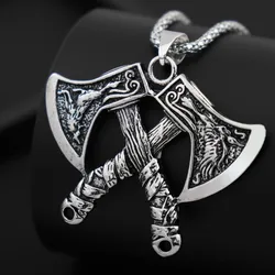 NORRON Wolf Eagle Relief Double Battle Axe Pendant Necklace Men Personality The Phoenix Viking Axe Alloy Pendant Fashion Jewelry