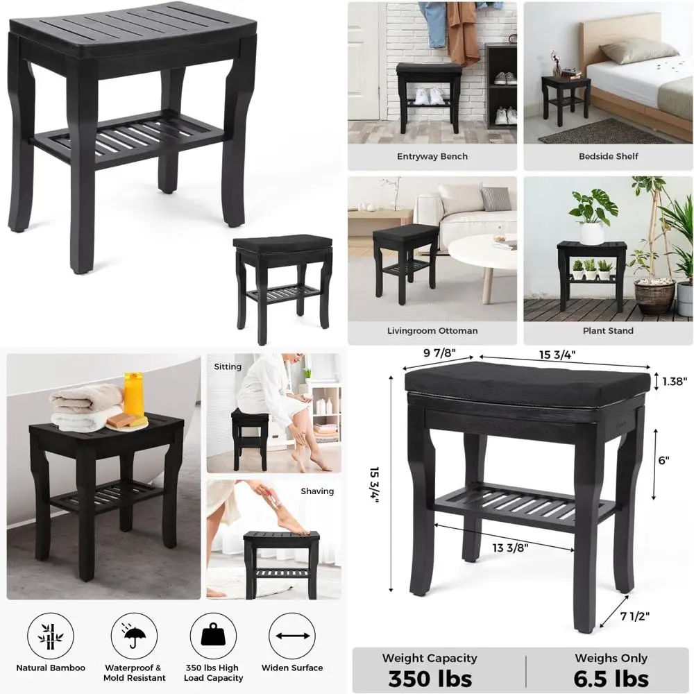 

strongtek bamboo shower bench seat with cushion, shower stool with storage shelf, lightweight, non-slip, quick-drain design, 350