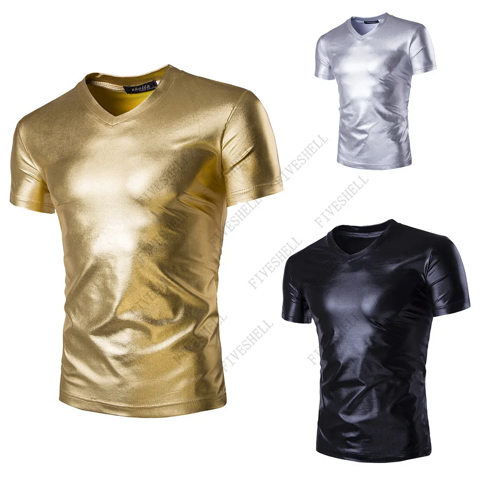 Camiseta de oro brillante con cuello en V para hombre, camisa Punk de Hip Hop para DJ, club nocturno, Bar, ajustada, de manga corta