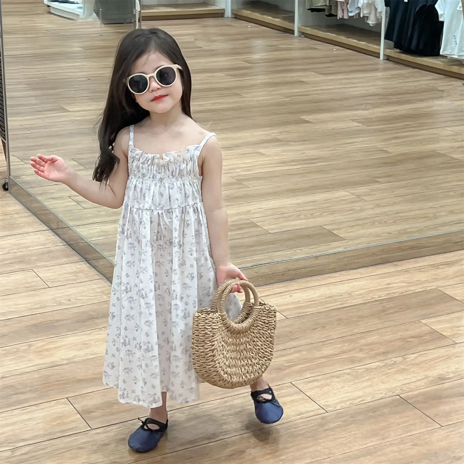 Girls Sleeveless Dress 2025 Summer New Girls Countryside Style Small Floral Strap Dress Children Drawstring Dress