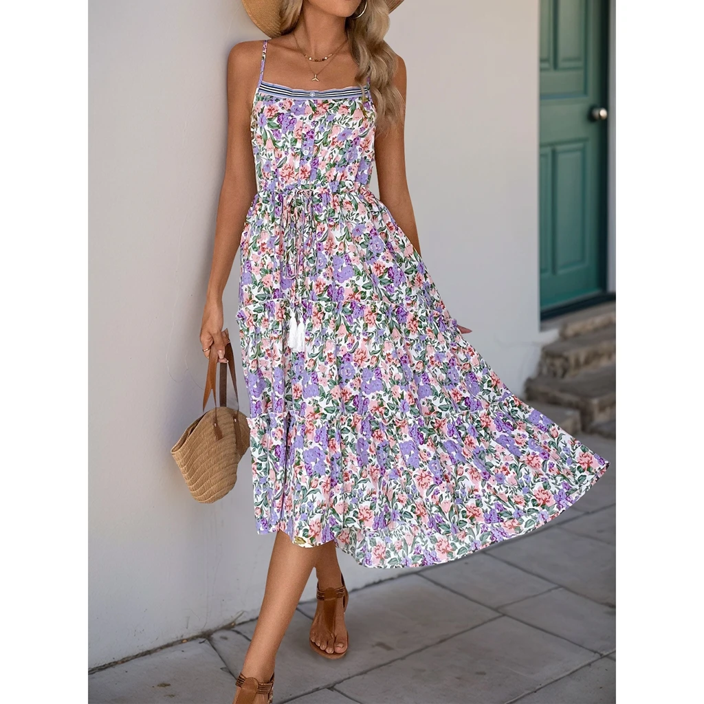 2025 vestido longo feminino sem mangas com estampa de flores em camadas praia patchwork elegante alça espaguete vestido de férias