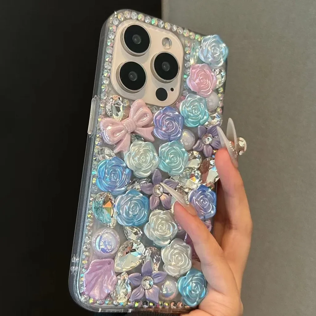 แฟชั่น Handmade Bling เพิร์ลเพชรโบว์ Camellia ดอกไม้สําหรับ iPhone 16 15 14 13 12 Mini 11 Pro Max Plus