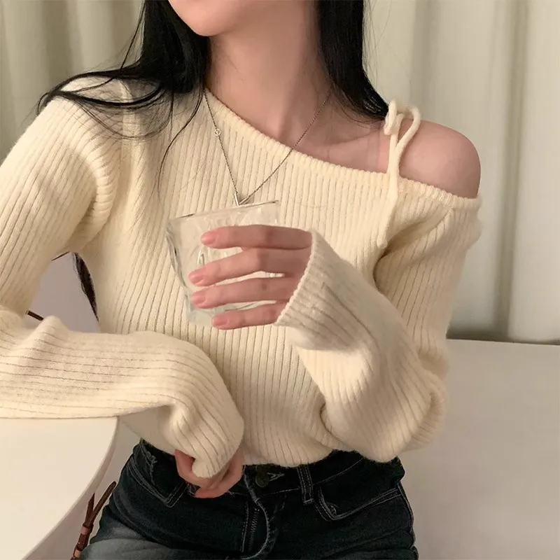 Langarm frauen Pullover Herbst Mode Chic Koreanischen Stil Schulter Bared Ausschnitt Knoten Schmetterling Bogen Unregelmäßigen Polo Kragen