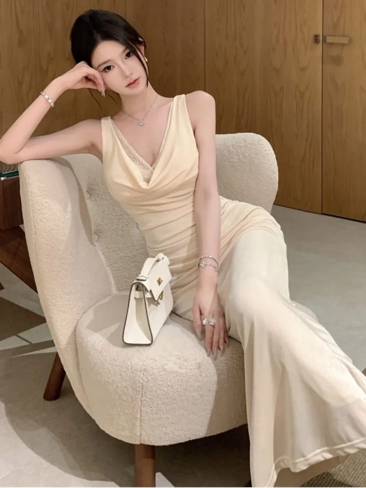 

Sexy Lace Trim Swing-Collar Mermaid Bodycon Dresses Woman New Sleeveless Pleated Patchwork Dress Evening Party Prom Gown Robe