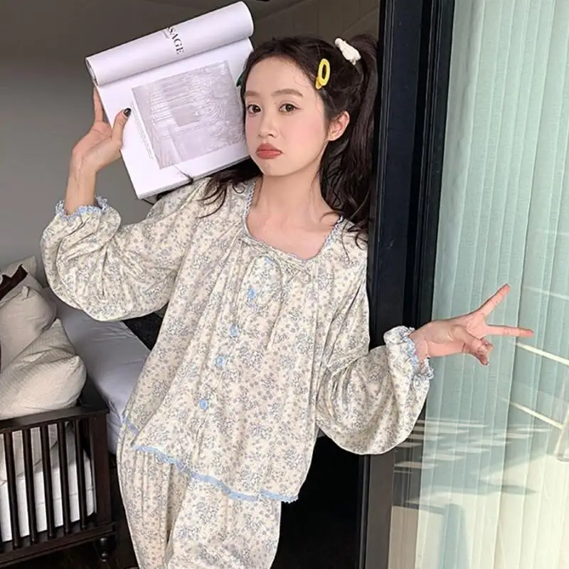 

Women's Pajama Set Fashion Homewear Lace Pajamas for Girls Home Sweet Korean Style Spring Autumn New Loose Casual
