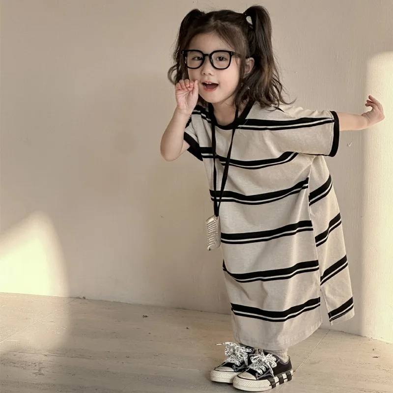 Vestido de verano para niños de 1 a 9 años, ropa a rayas de manga corta para niñas, vestido de princesa informal holgado, ropa de estilo de vacaciones