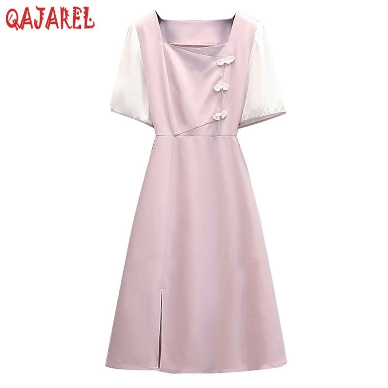 

Женское винтажное платье миди с квадратным вырезом, элегантное облегающее платье в Корейском стиле Хепберн, розовое платье для офиса, Новинка лета 2024