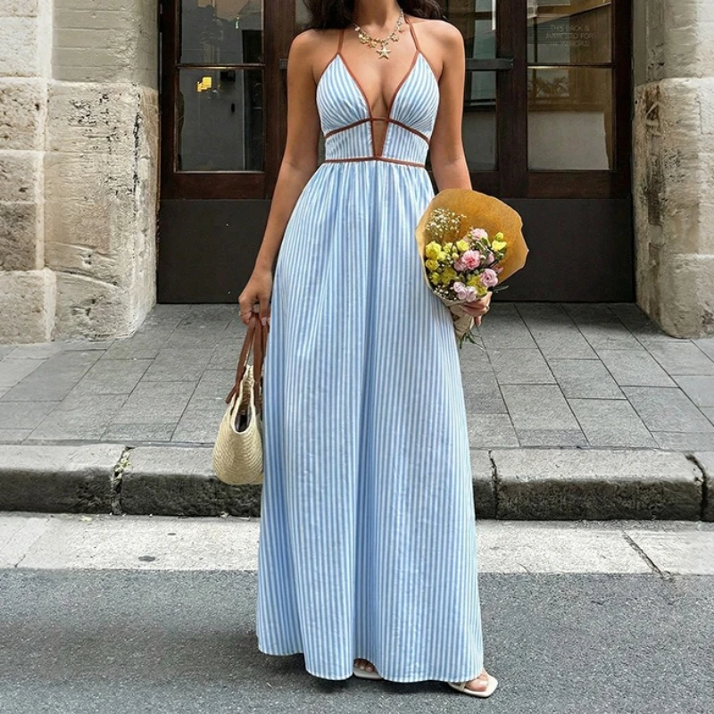 

Women Dresses Striped Dress Neck Mounted Deep V Neck Sleeveless Ankle Length Empire Waist Slight Strech Slim Casual 2026 Summer