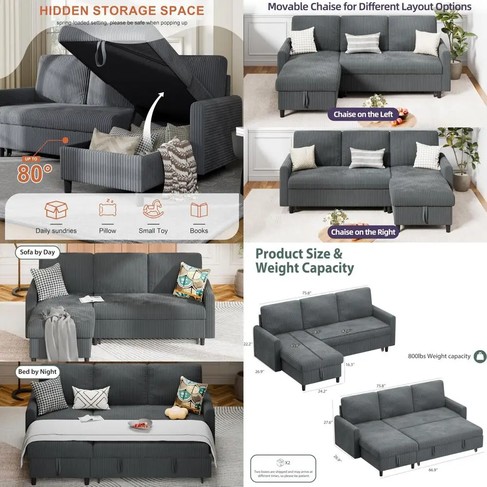 

Многофункциональный угловой диван-трансформер 4-в-1 с выдвижным спальным местом и местом для хранения, серый