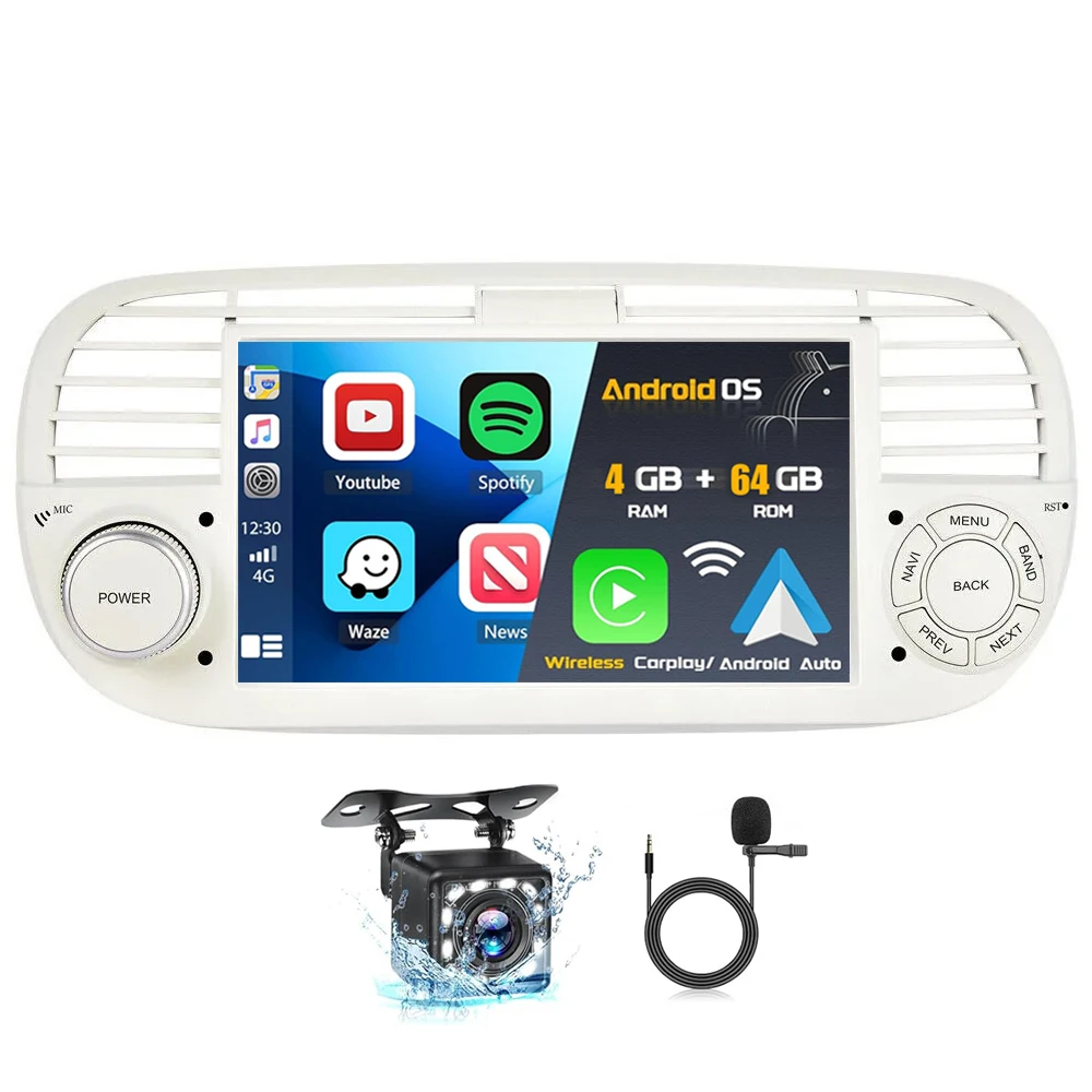 Radio Multimedia para Auto con GPS, Carplay y Android Auto, Pantalla HD para FIAT 500 Abarth 2007-2015, Pantalla Dividida, DSP, Estéreo, WIFI
