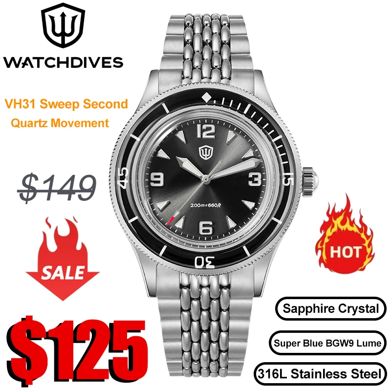 Watchdives WD50Q montres VH31 mouvement à quartz BGW9 montres lumineuses 200m étanche saphir acier inoxydable 38mm montres pour hommes