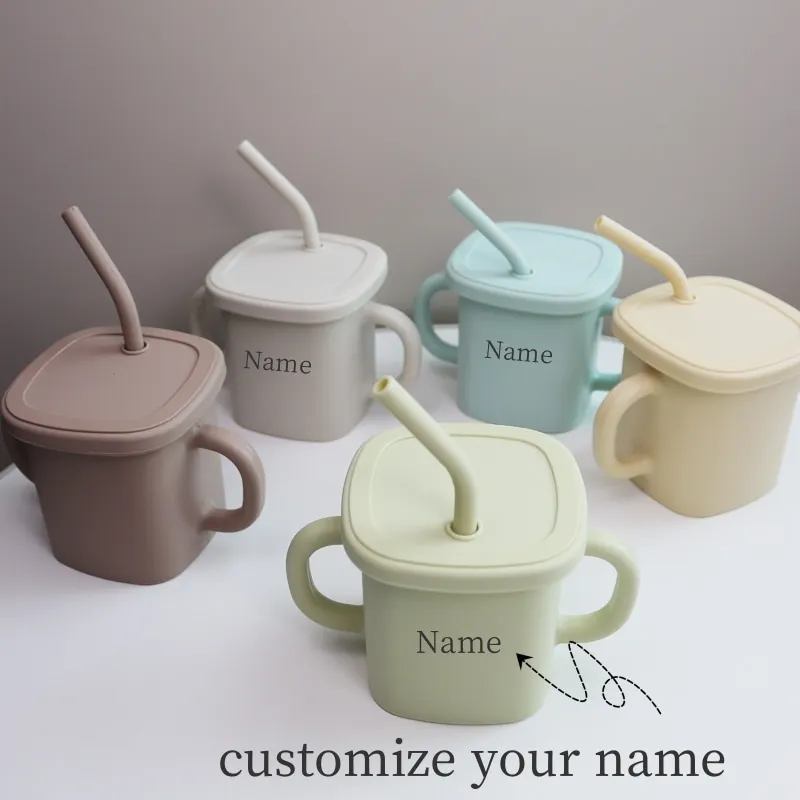 300ml Custom Name Silicone Straw Cup, Personalized silicone, Leakproof for baby square