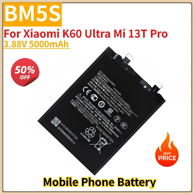 

High Capacity Phone Battery BM5S 3.88V 5000mAh For Xiaomi K60 Ultra Mi 13T Pro Brand-New High Quality Replacement Battery