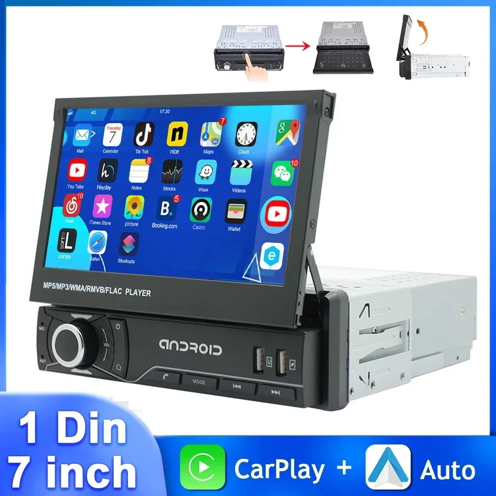 1DIN 7inch Stretch Android 12.0 Car Multimedia Player with Retractable Screen GPS Navigation Headunit Car Radio Audio Stereo