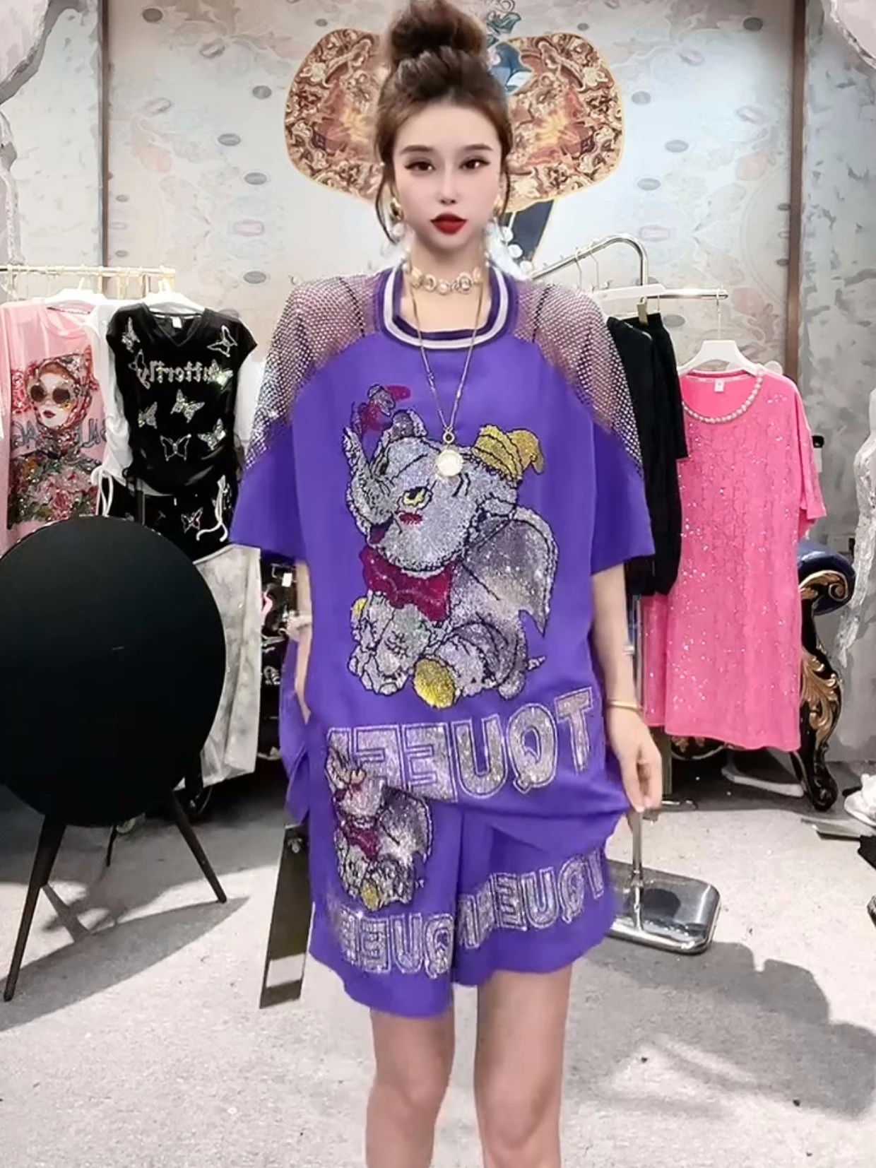 Sexy Cutout off-the-Shoulder Purple Short-Sleeved Cartoon Top 2024 Summer New Casual Loose Shorts 2 Piece Sets Women Outfits