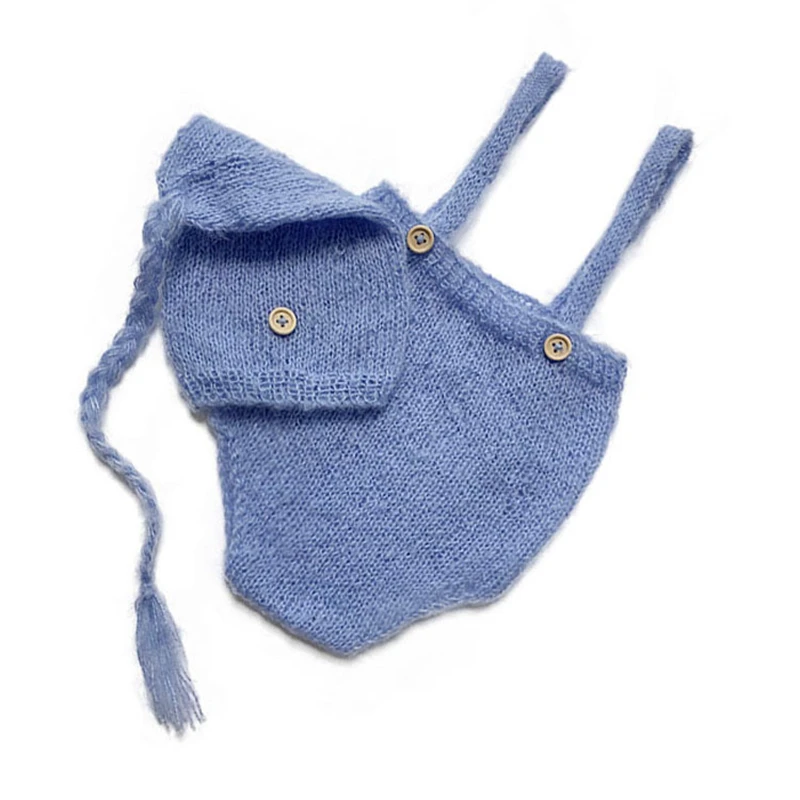 Mohair Knitted Newborn Baby Photo Clothing Costumes Hat + Overalls 2pcs Outfits Unisex Boy Girl Photography Clothes Props