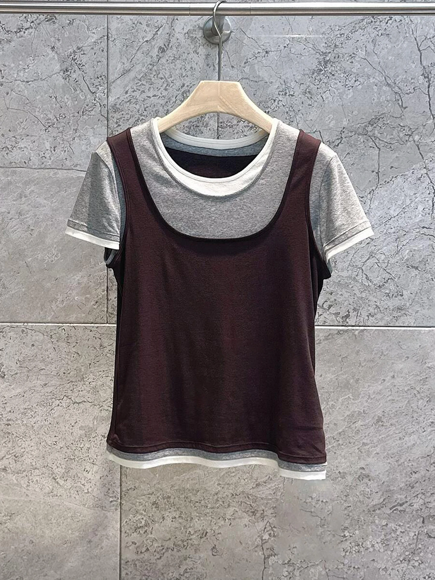 

Slim Fit Fake Three Piece T-Shirt Spring Summer New Design High End Women's Fashion Nan You round Neck Short Sleeve Casual Top