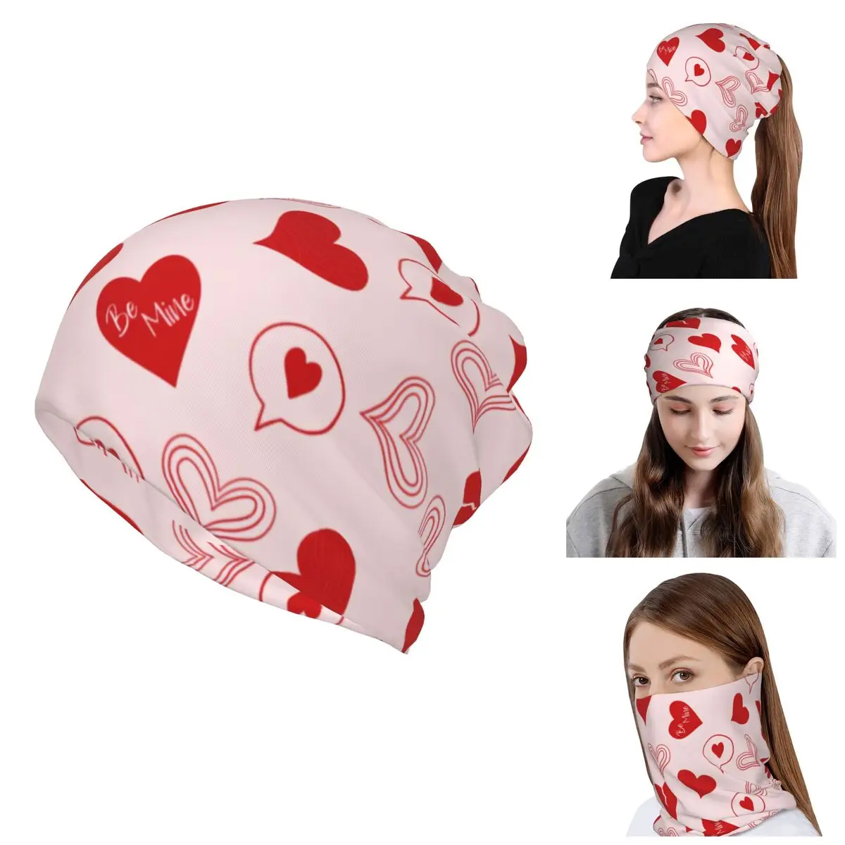 Custom Cute Valentines Day Hearts Skullies Beanies Caps Women Men UV Face Shield Neck Gaiter Winter Bandana Scarf for Hiking