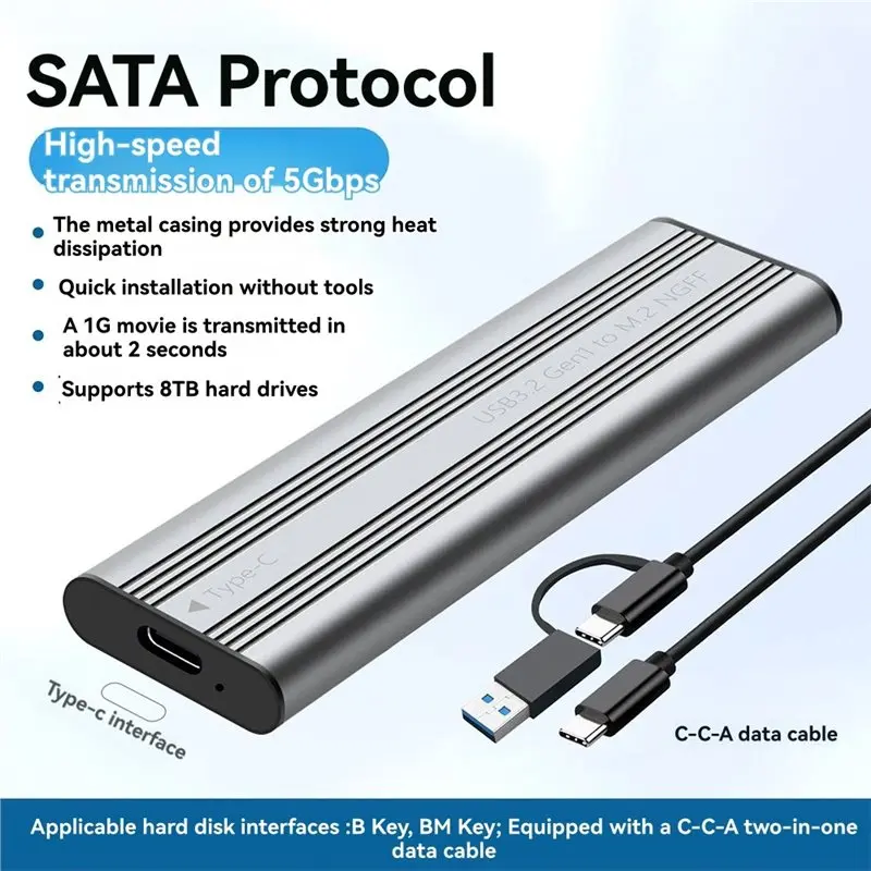 A23F-M.2 SATA Solid State Mobile Hard Disk Box USB 3.2 Metal Heat Dissipation External Type-C Interface SATA Protocol SSD