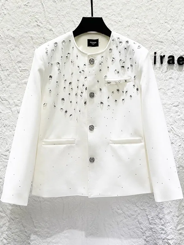 2025 Autumn New Heavy Embellished  Jacket for Men Korean Version Light Luxury Casual Loose Turn-down Collar Jacket