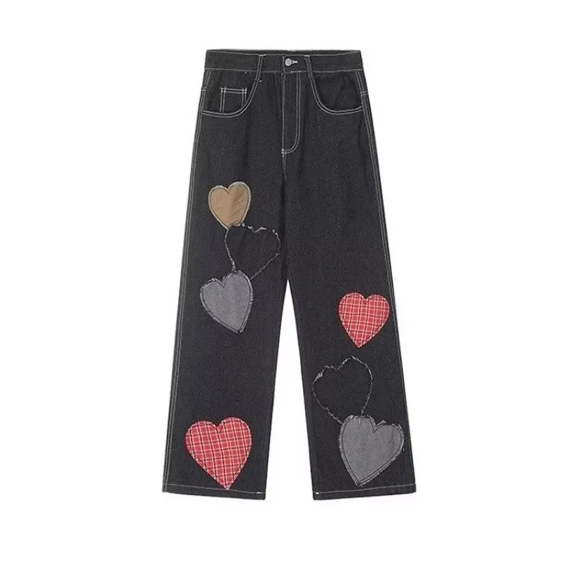 Ladies' Retro High Street Jeans Love Shaped Patchwork Casual Pants Fashion Women's Clothing Large Loose Women's Jeans New