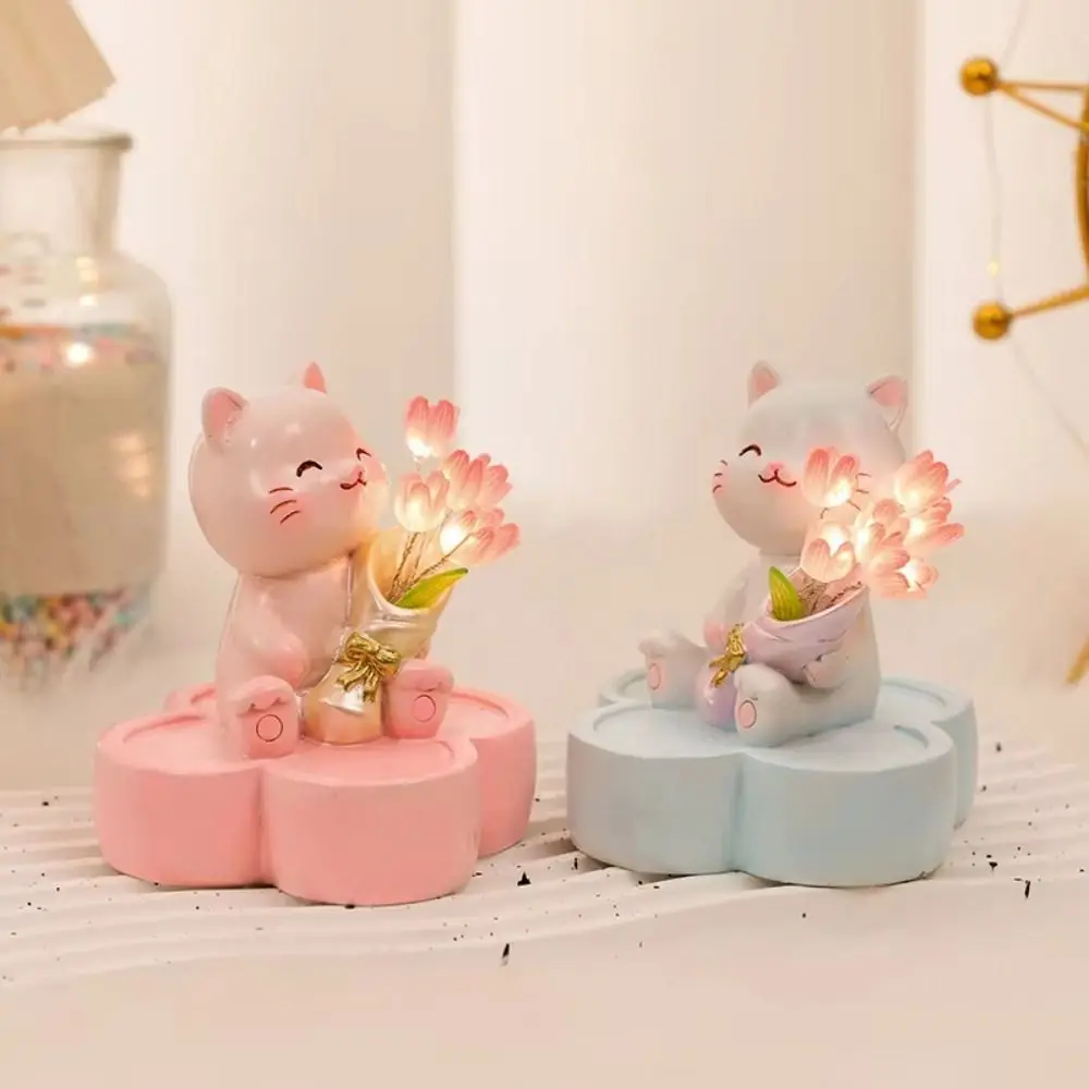 Kawaii Little Cat Tulip Night Light Mini Cartoon Resin Cat Tulip Ornament Romance Exquisite DIY Tulip Night Light Children