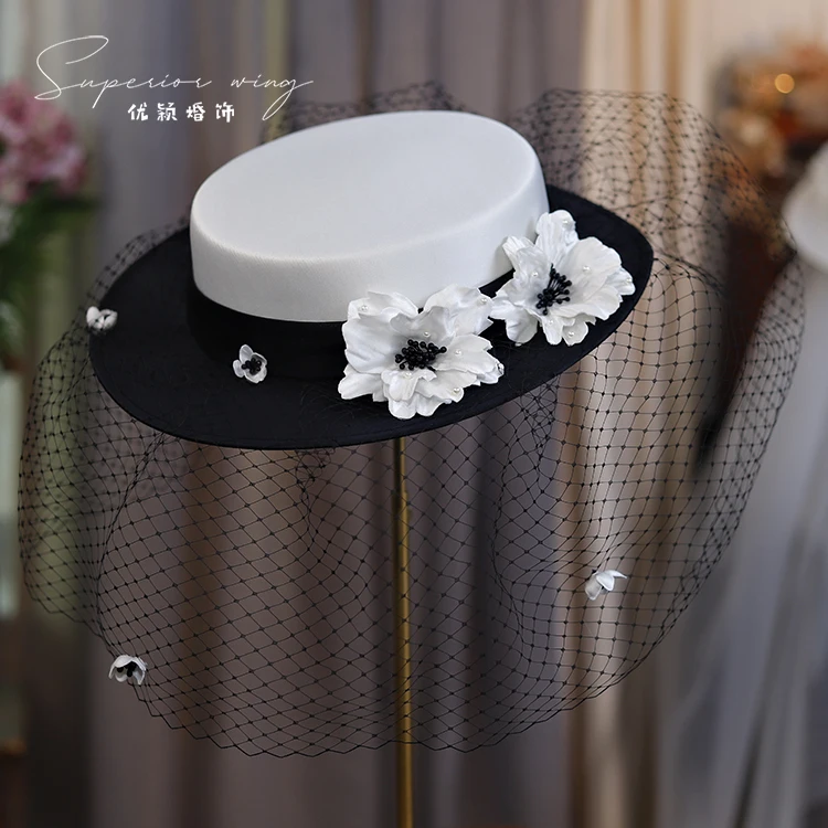 

Classic White Black Satin Face Veil Fedoras Women Flower Mesh Wedding Hat Vintage French Ladies Cocktail Horse Race Hat Headwear