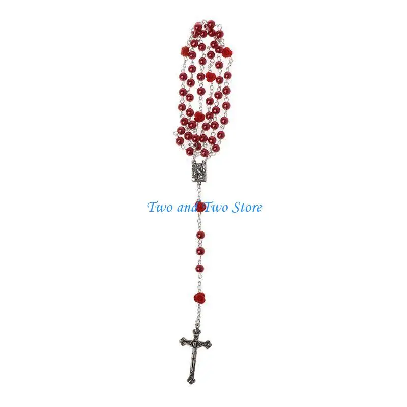 

HX6F Catholic Rose Flower Pearl Rosary Necklace Rosary for Cross Christ Catholic Jewe
