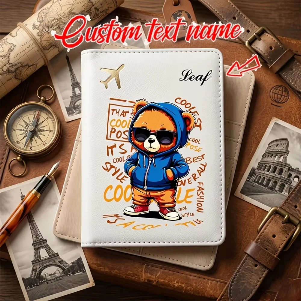 Custom Name Glasses Hoodie And Teddy Bear Graffiti Passport Holder - Classic Style, Travel Wallet with Card Slots And ID Holder