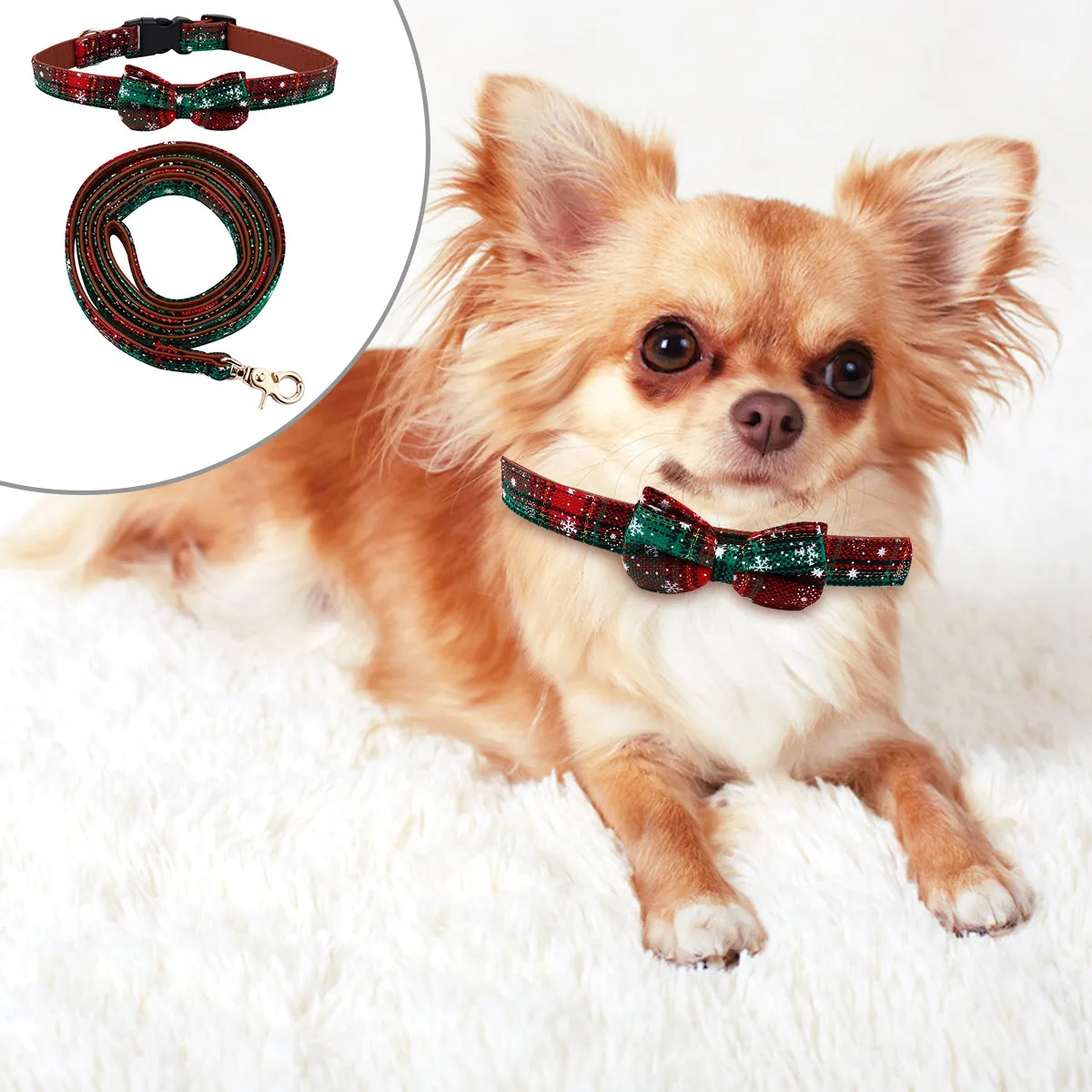 2Pcs Christmas Dog Collar and Leash Set Bow Tie Pet Neckchain Adjustable Comfort Fit Dog Leash Matching Set Holiday Photo Prop