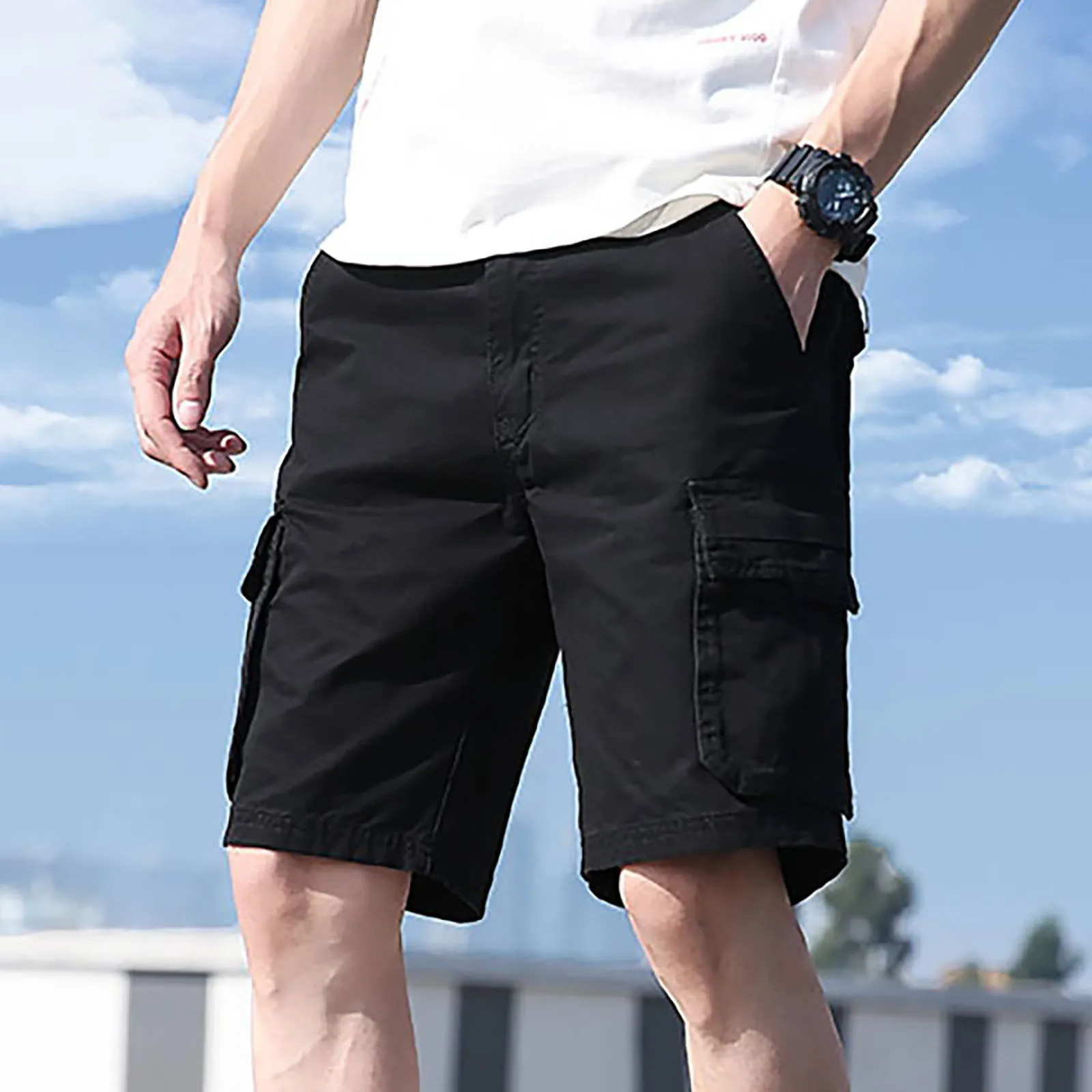 

Men'S Fashion Solid Color Work Trouser Pocket Pants Cotton Cargo Overalls Shorts Fashion Male Sweatpants Drawstring Pantalones