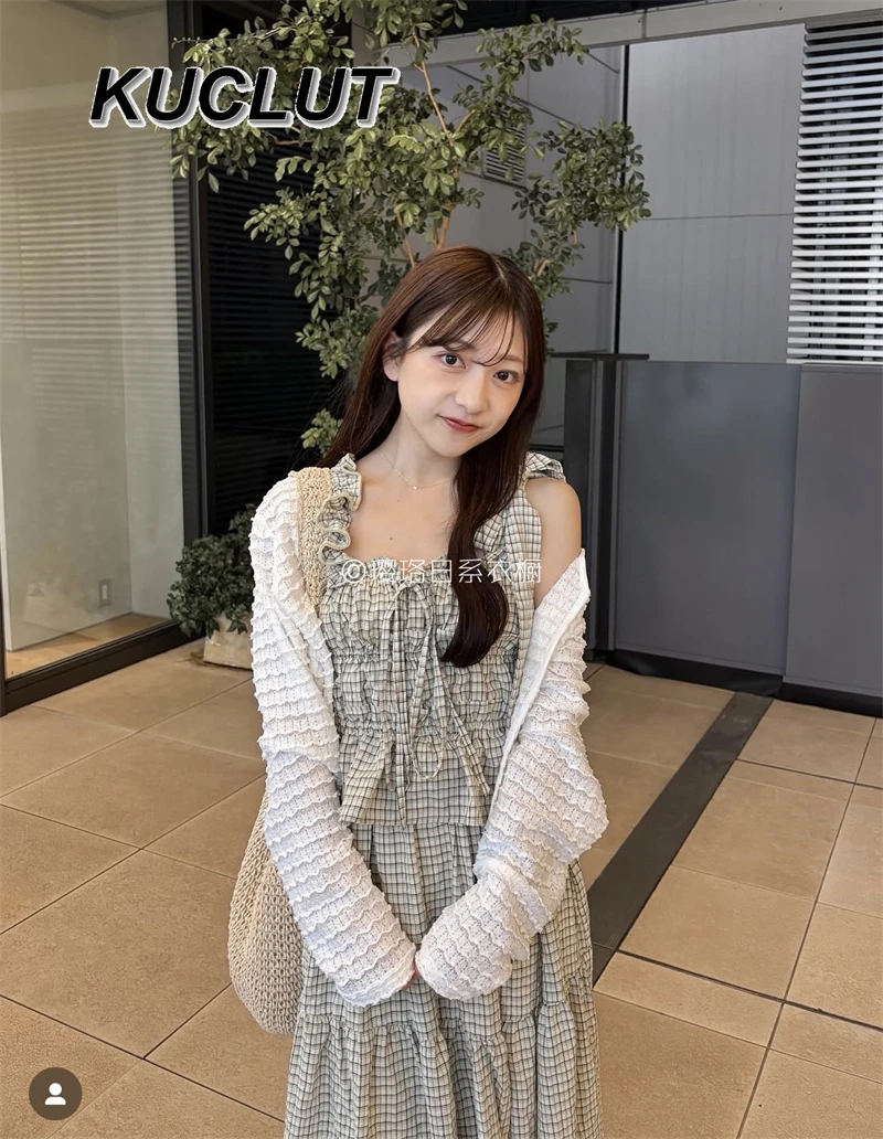 2025 New Summer Elegant Suits Japanese Style Plaid Halter Neck Ribbon Top + Layered Skirt Set Fashion Women's Two-Piece Sets